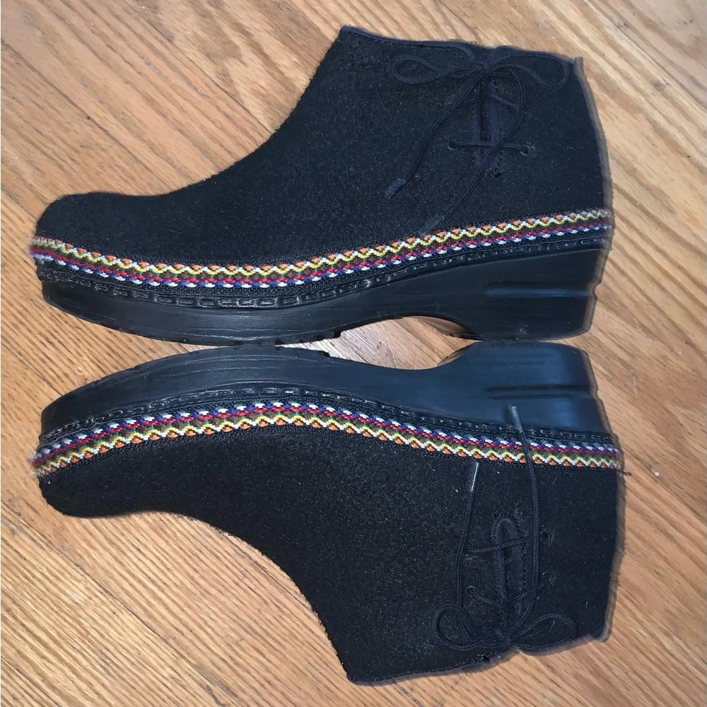 Dansko Black Suede Ankle Booties with Multicolor Braided Trim